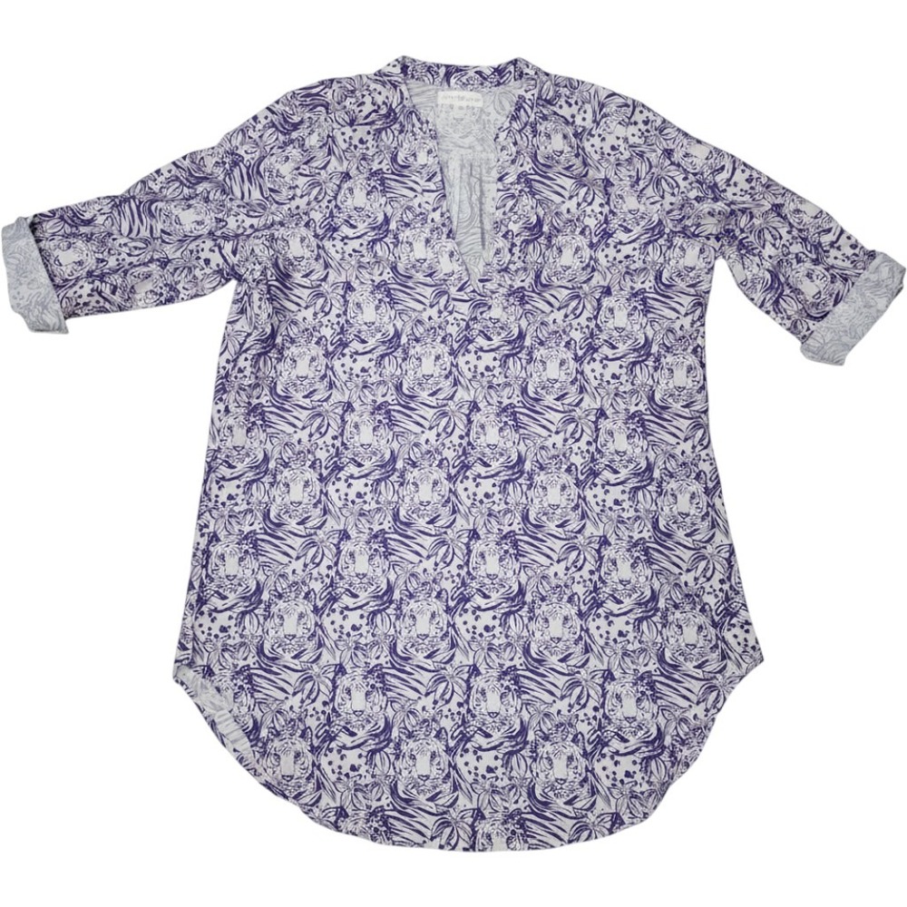 Stewart Simmons LSU Tigers Purple Tiger Print Roll Tab Sleeve Tunic Top Small